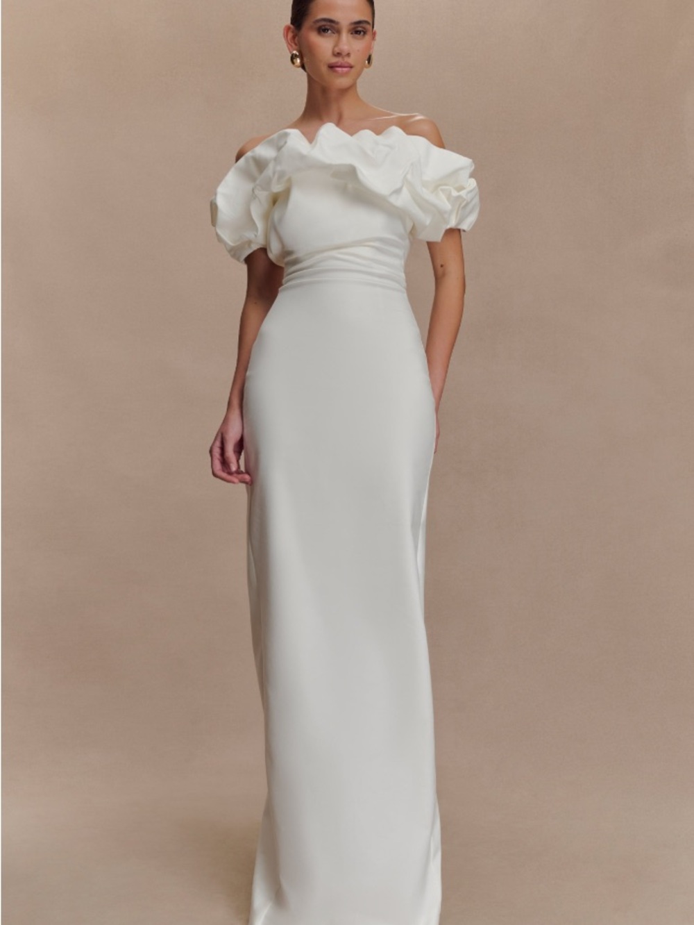 Meshki Strapless White Ruffled Neck Gown